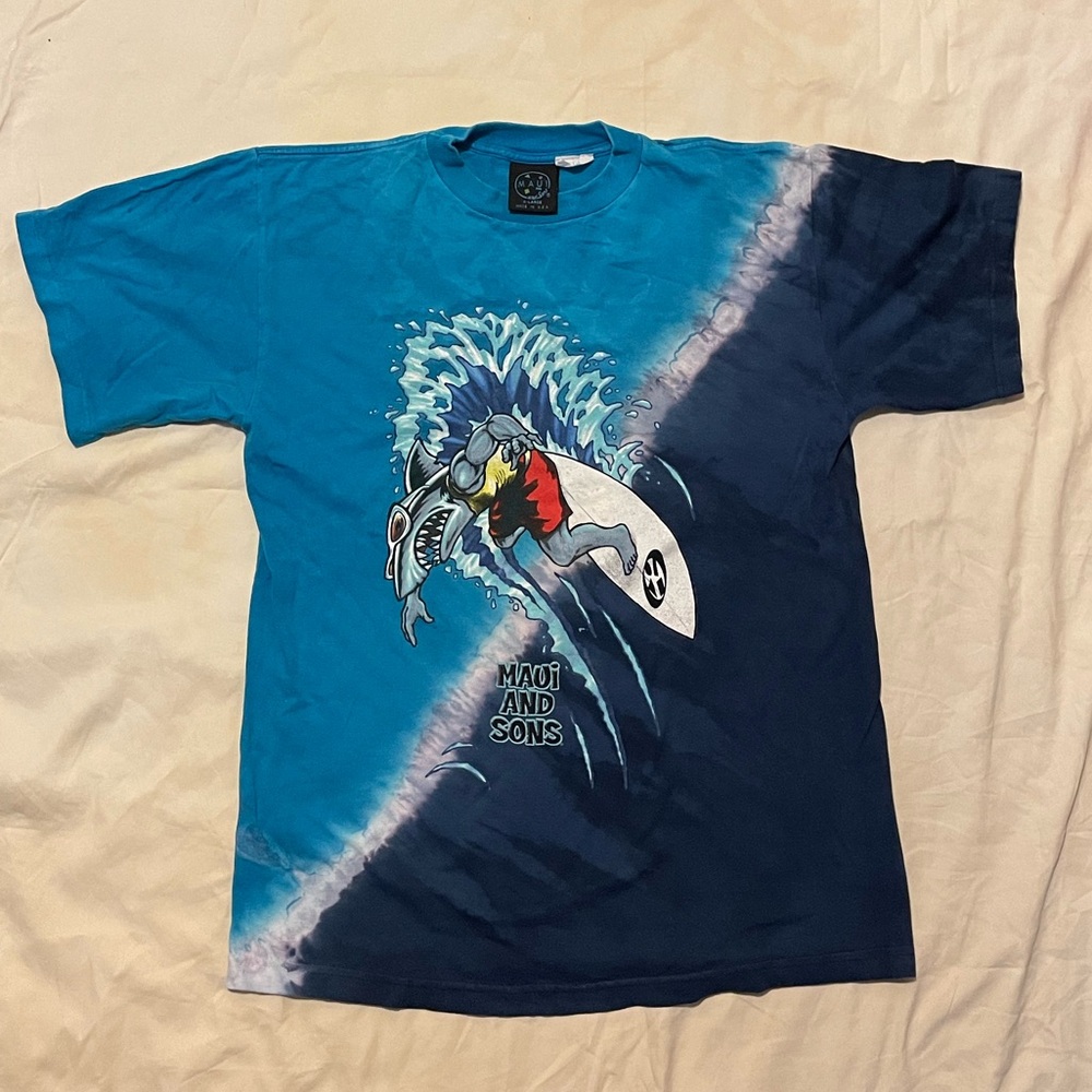 Vintage Maui And Sons Shirt Mens XL Blue 80s-90s Tie Dye Surf Sharks Ocean Water